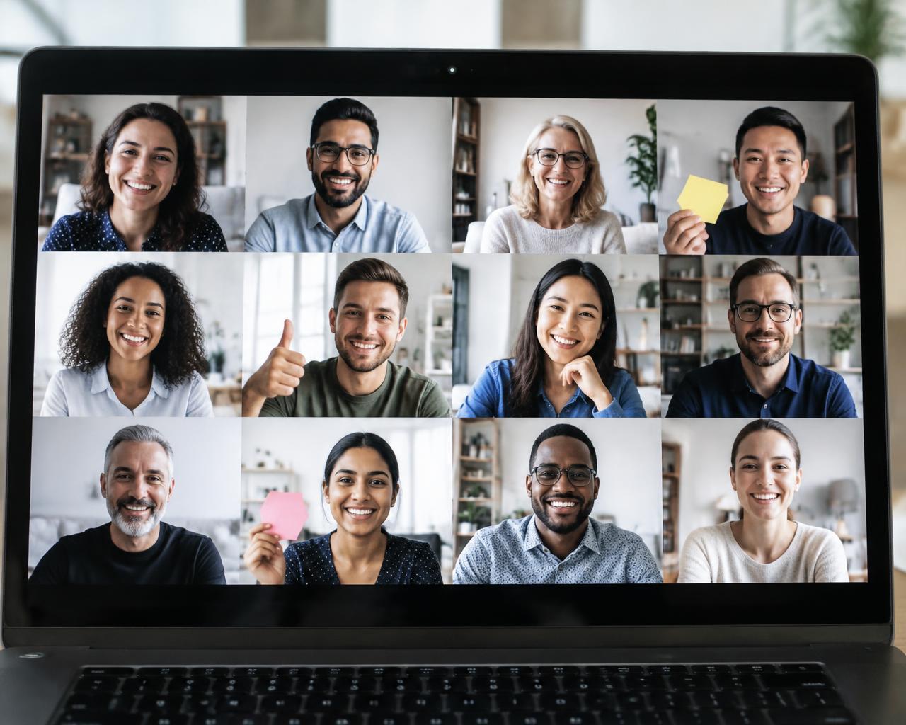 Twelve remote teammates smiling and holding up ideas on a video call