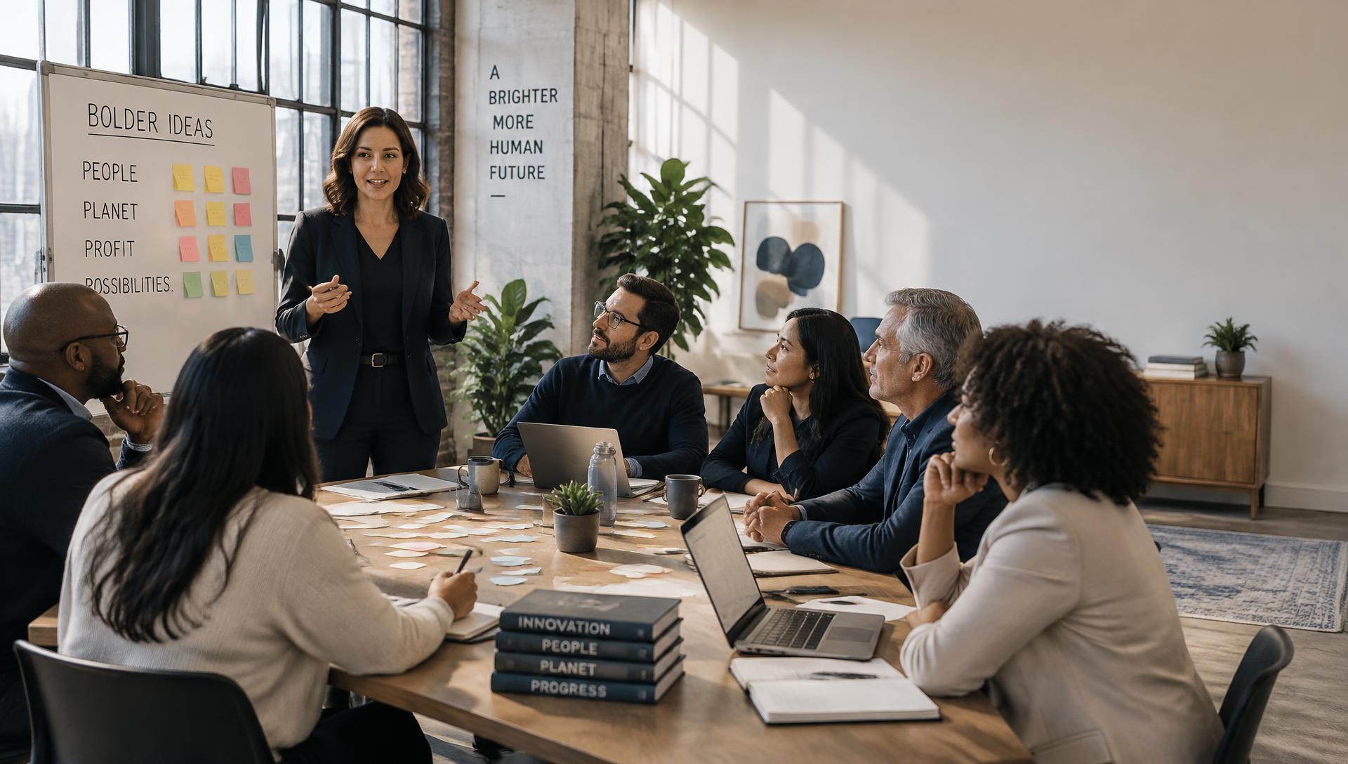 A consultant leading an executive innovation workout around a table